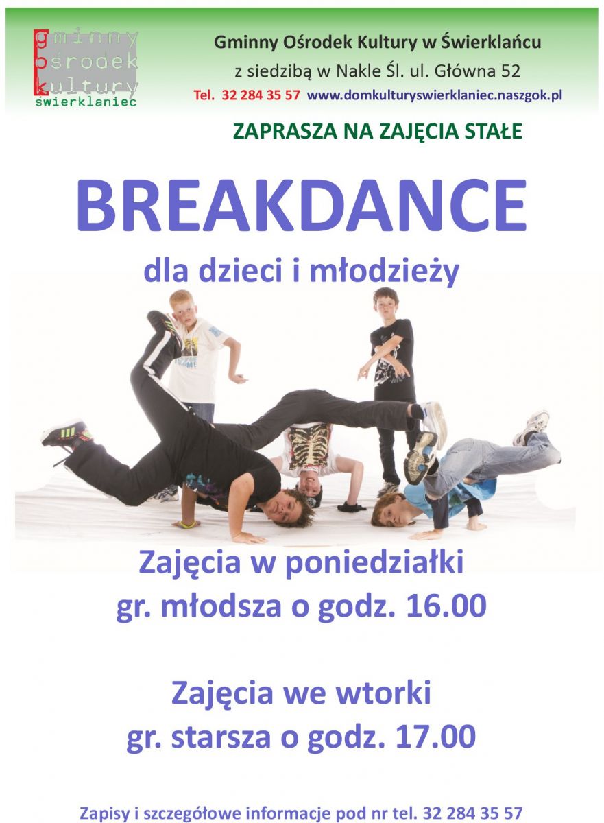 Plakat - taniec breakdance dla dzieci i młodzieży w poniedziałki i we wtorki