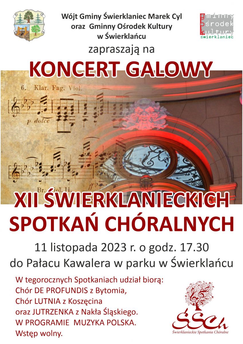 Plakat - koncert galowy XII Świerklanieckich Spotkań Chóralnych - 11 listopada 2023 godz. 17.30