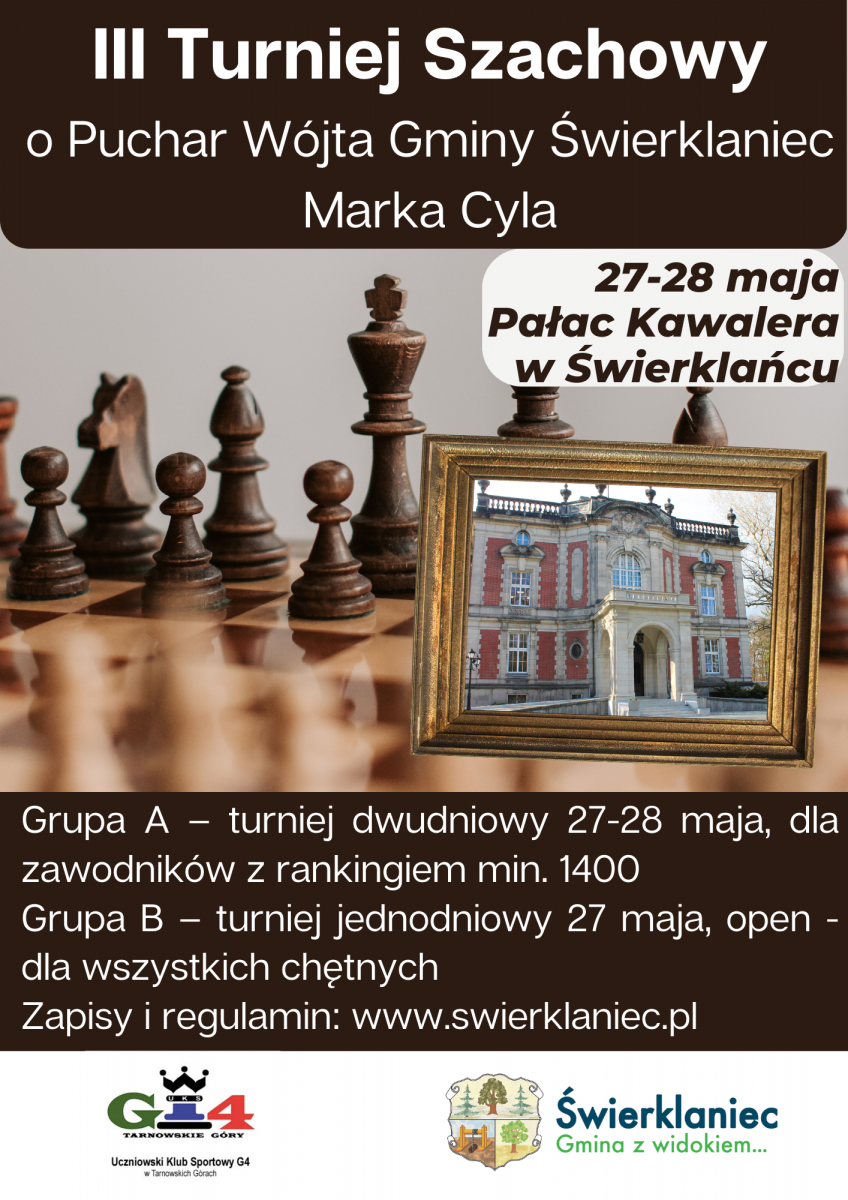 Plakat - turniej szachowy o puchar Wójta Gminy Świerklaniec 27 do 28 maja