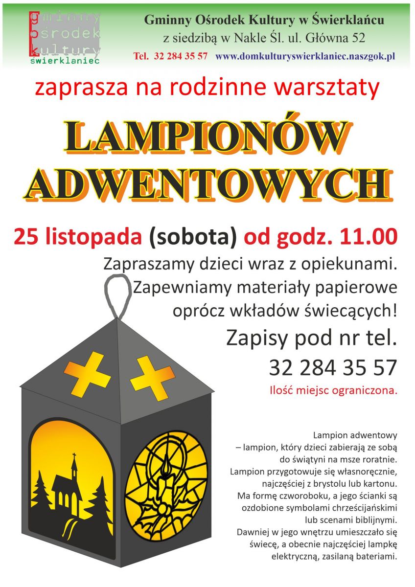 Plakat - warsztaty rodzinne - lampiony adwentowe - 25 listopada godz. 11.00