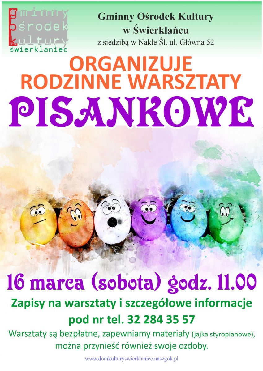 Plakat - rodzinne warsztaty jajkowe - 16 marca w sali widowiskowej GOK